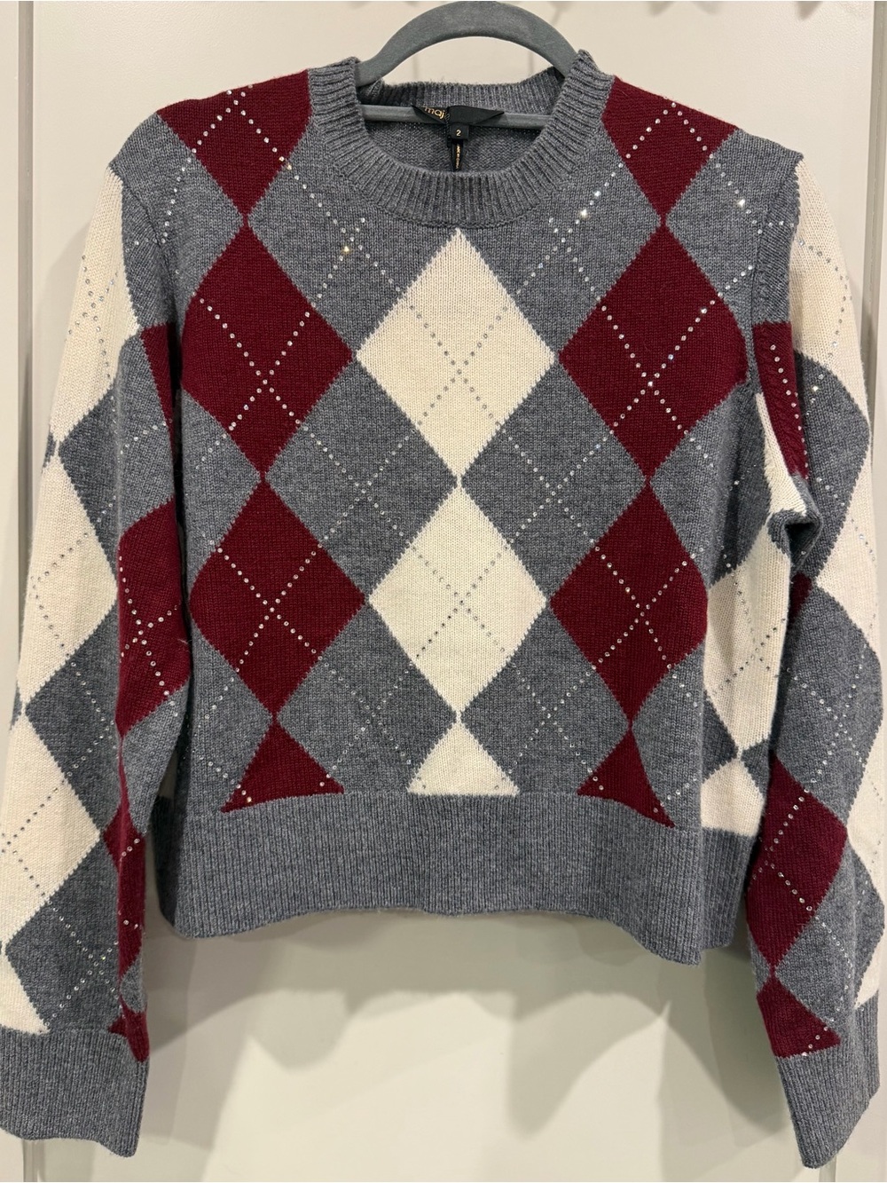 NWT Maje Argyle Embellished Rhinestone Sweater Gray, Burgundy, Cream S/M